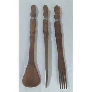 Spoon Fork Knife African Handcarved Wood Large Set 14" Tribal Decor Vintage READ